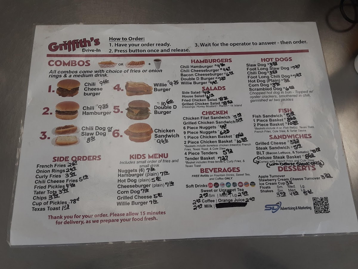 Griffith's Drive-In Menu - Image 1